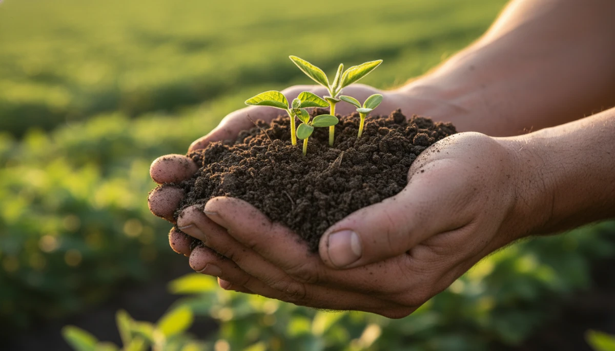 Close up of healthy regenerative soil in a farmer's hands