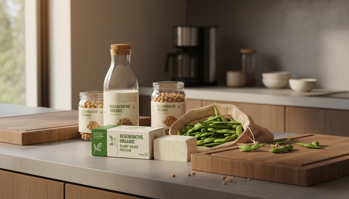 Regenerative organic soy products on a modern kitchen counter