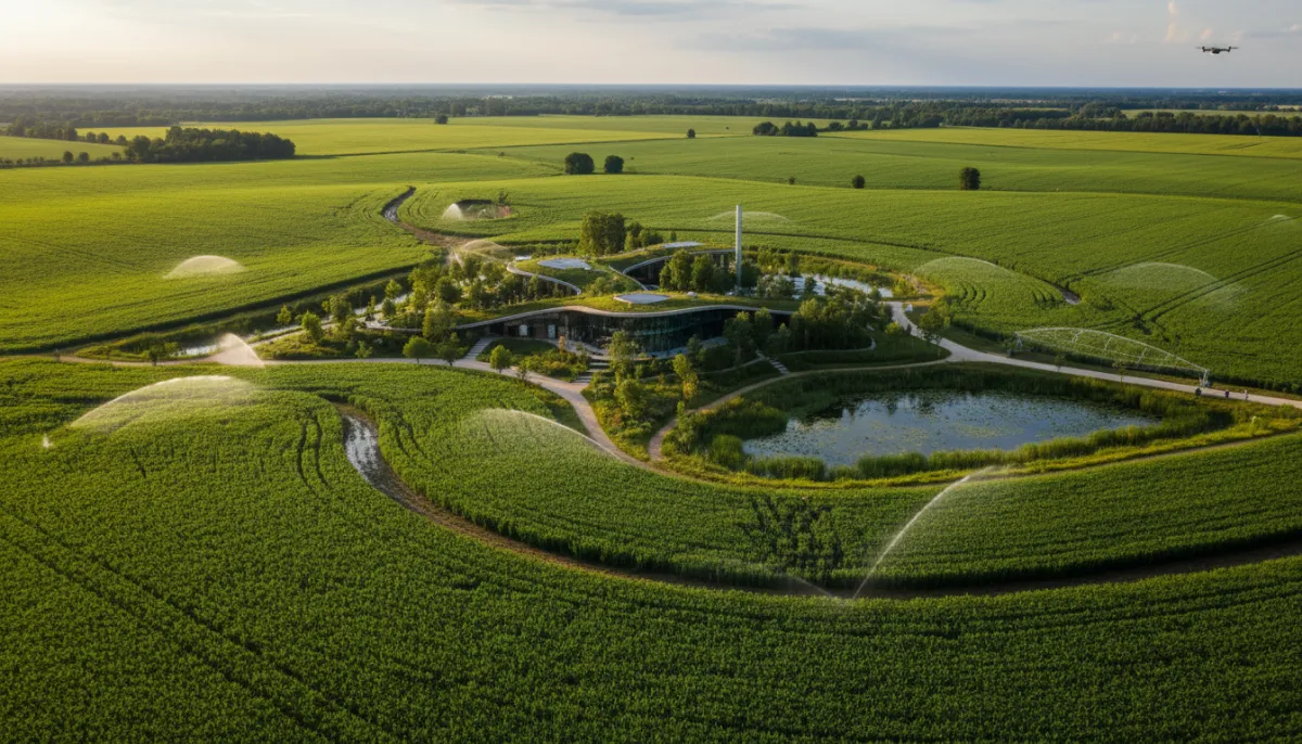 [Aerial view of soy agriculture and processing integration]