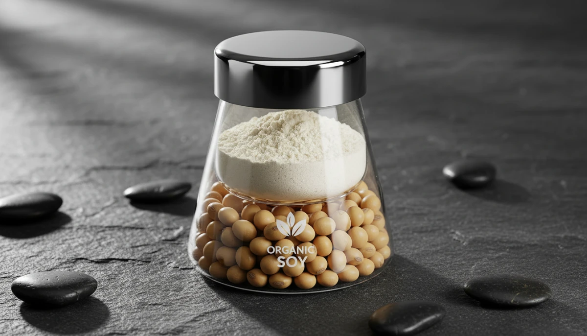 [Soybeans and soy protein isolate representation]