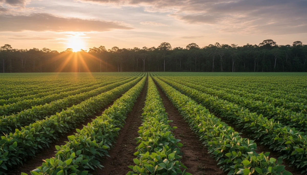 Large-scale soybean plantation bordering a tropical forest