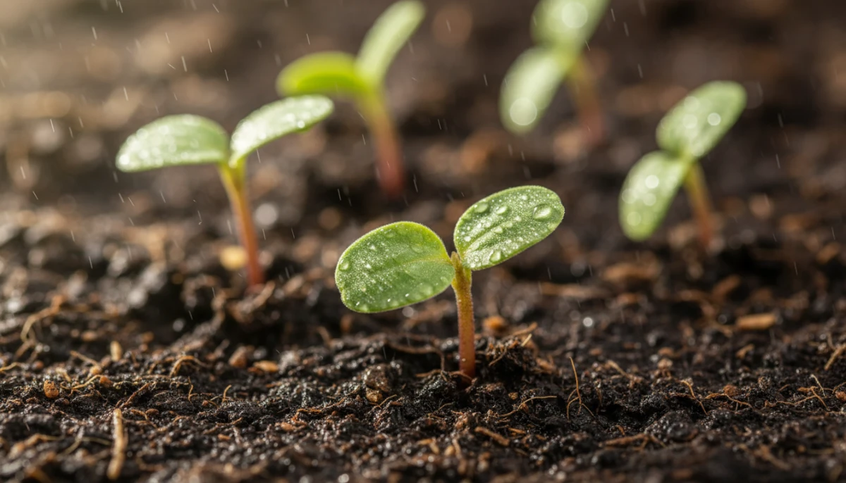 Detailed close-up of young soy plants growing in fertile soil