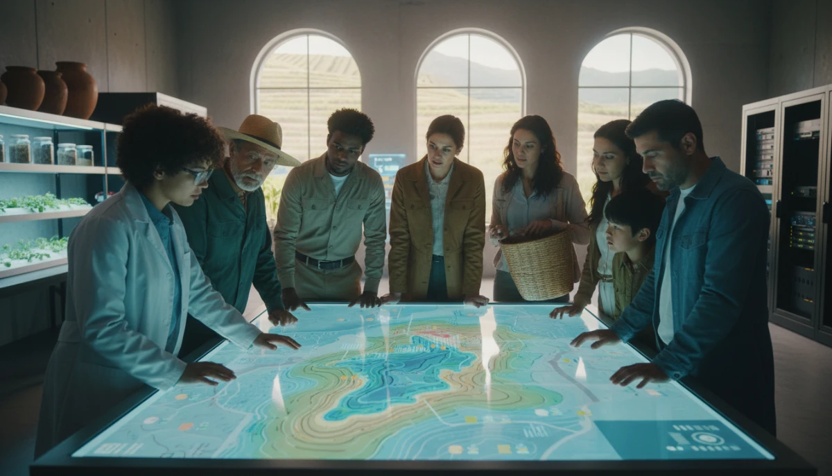 Researchers and farmers collaborating on sustainable agricultural technology