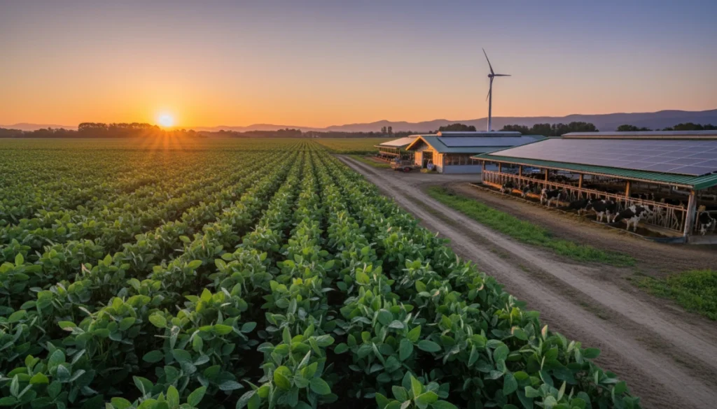 [A cinematic high-fidelity photo of a lush green soybean field next to a sustainable dairy farm at sunset, highlighting the contrast in agricultural landscapes]