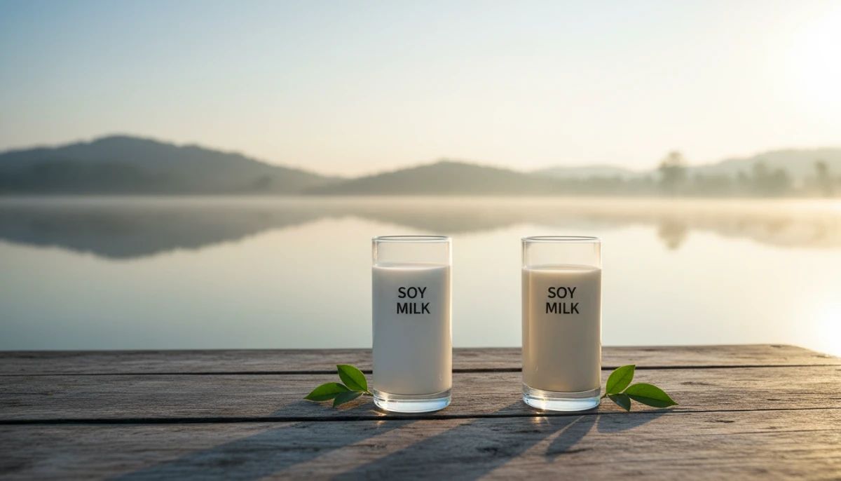 Comparison of dairy and soy milk against a natural water background