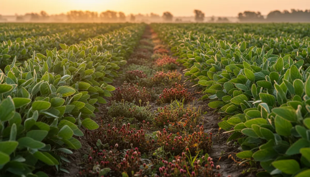 Regenerative soy field with cover crops at sunrise