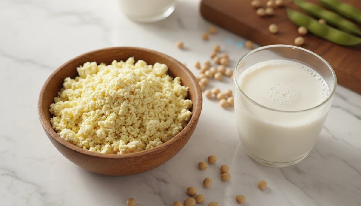 [Fresh soy pulp okara in a bowl next to soy milk and beans]