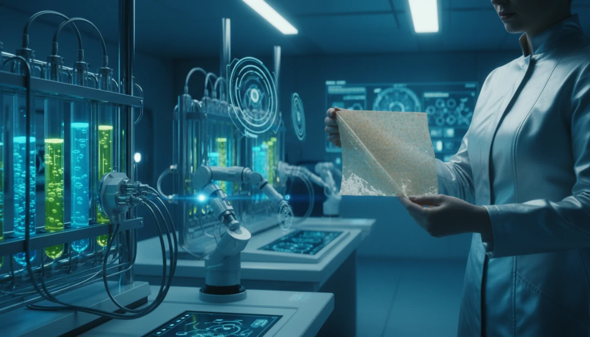 [Industrial scientist showing biodegradable material derived from okara]