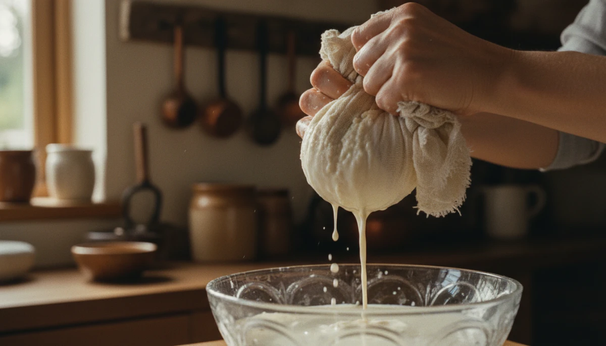 [Hand squeezing moisture from okara in a cheesecloth]