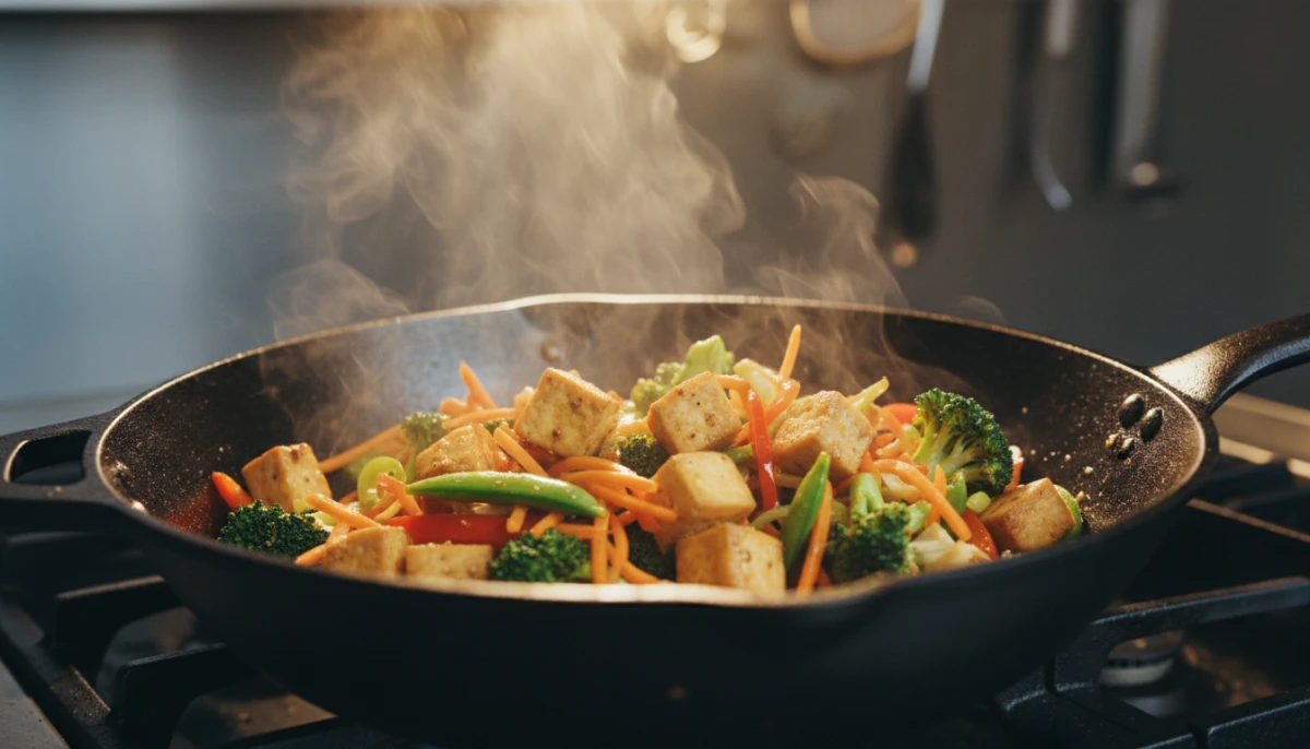 Tofu being stir fried in a wok