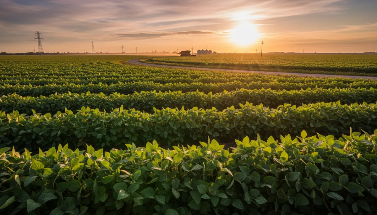 A vast soybean field at sunset representing global agriculture scale