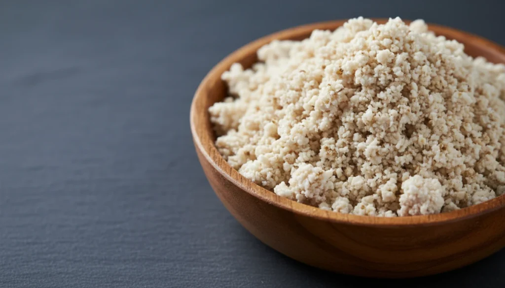 A macro, high-fidelity photo of fresh, creamy-white okara soy pulp in a rustic wooden bowl, showing its crumbly texture against a dark slate background.