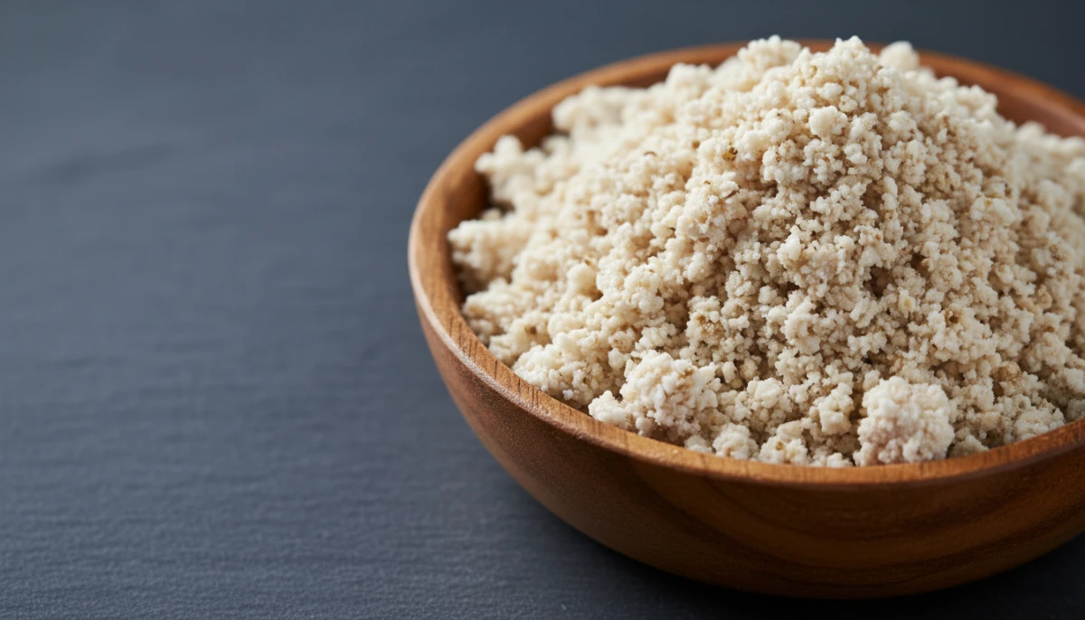 Close up of fresh okara soy pulp in a wooden bowl