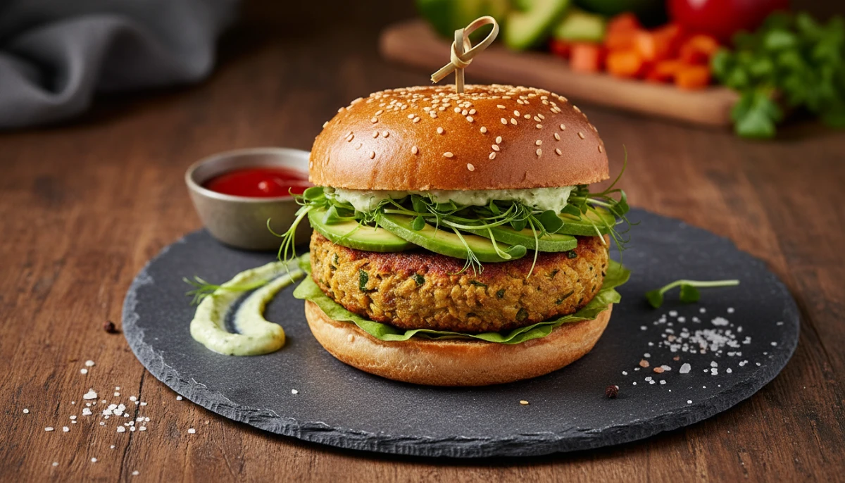 Savory okara veggie burger on a plate