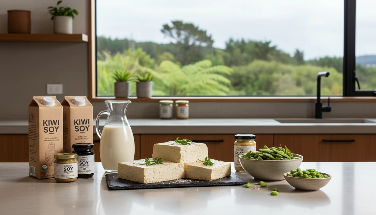 Assortment of New Zealand soy products on a kitchen counter