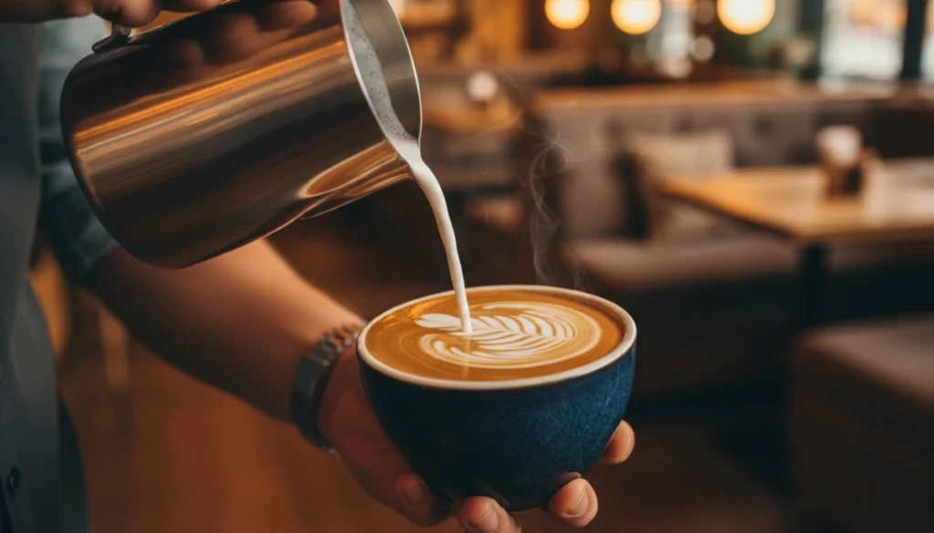 A macro close-up of a barista pouring soy milk into a ceramic coffee cup, creating intricate latte art with a silky microfoam texture, warm cafe lighting.