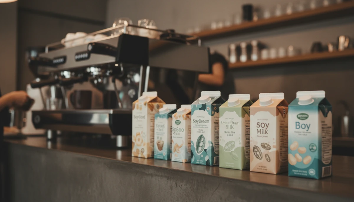 Various barista soy milk brands in a cafe