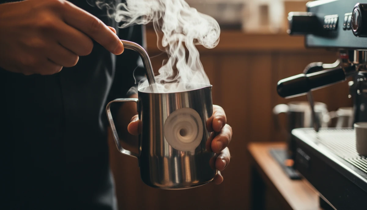 Barista steaming soy milk