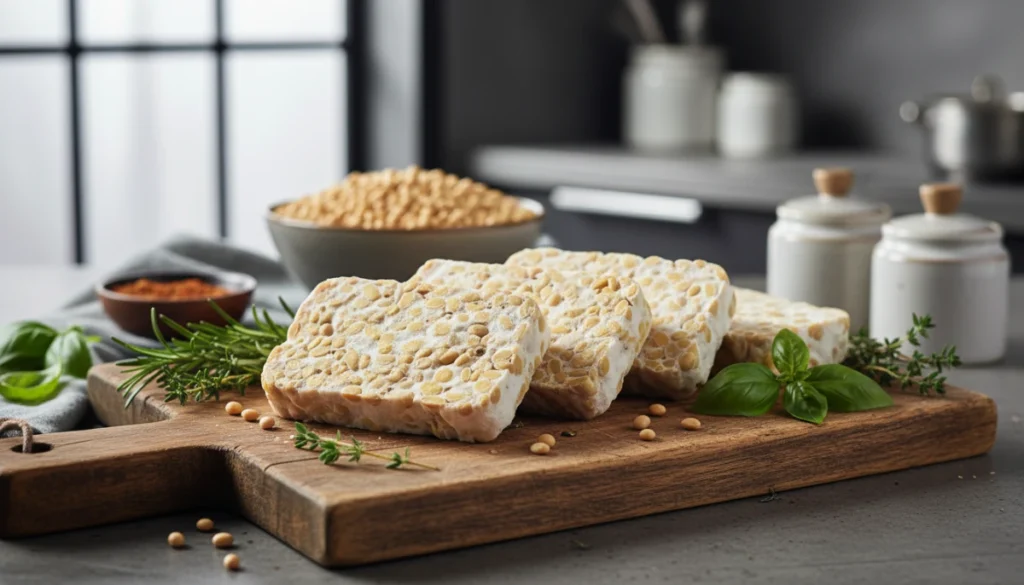 A high-fidelity professional photo of fresh organic tempeh blocks on a wooden cutting board with fresh herbs and soy beans in the background in a modern kitchen setting