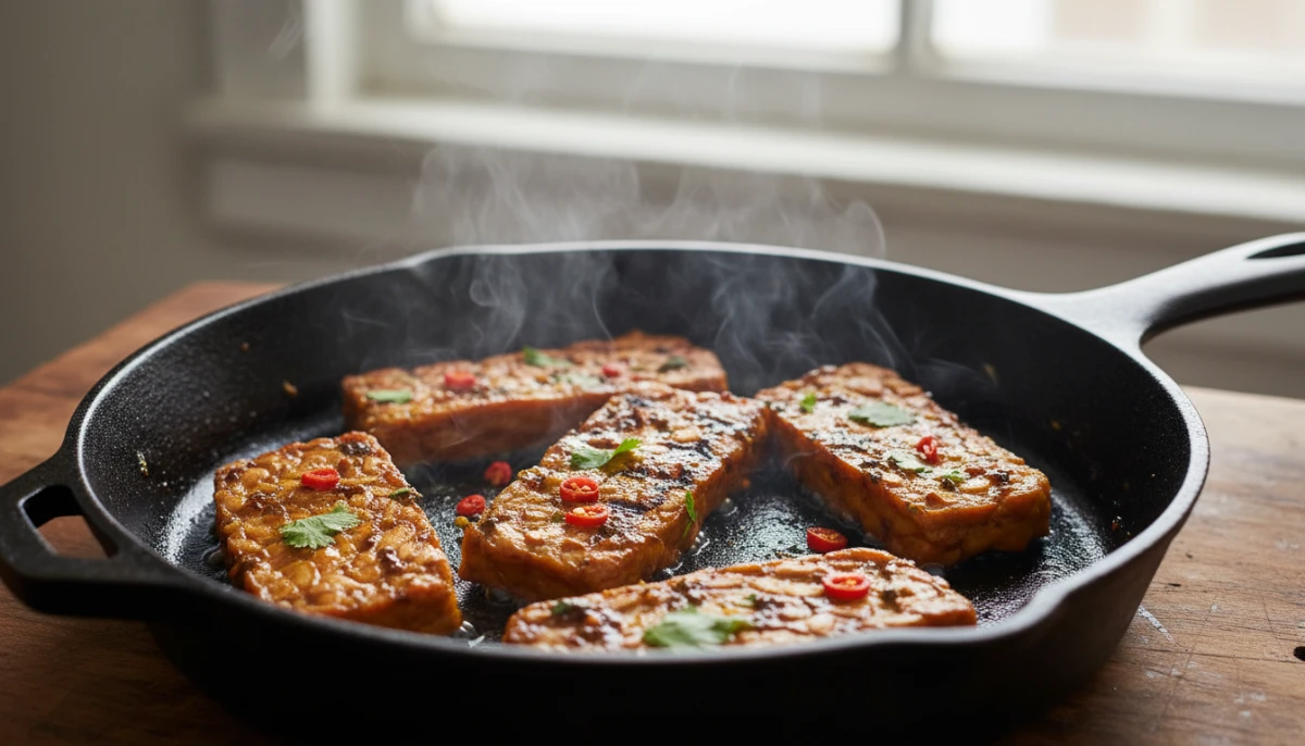 Pan-frying organic tempeh slices