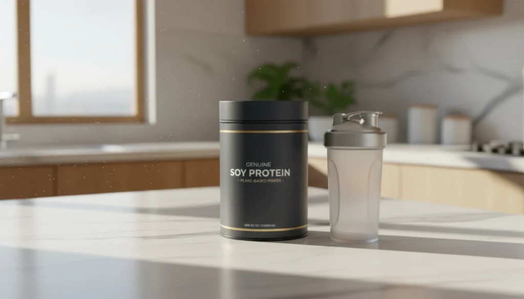 A professional, high-fidelity studio photograph of a premium soy protein powder container next to a shaker bottle on a minimalist marble kitchen counter, natural sunlight streaming in