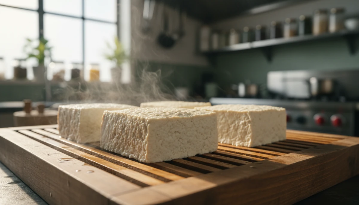 Artisan fresh tofu blocks on a wooden board