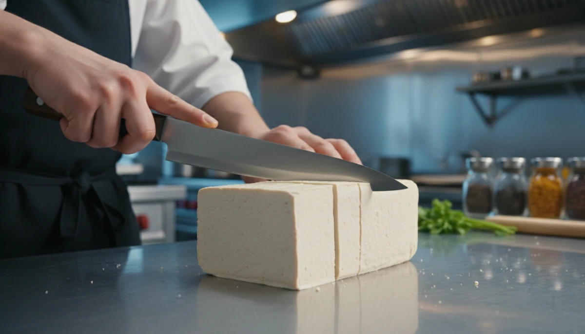 Chef slicing fresh firm tofu in a commercial kitchen