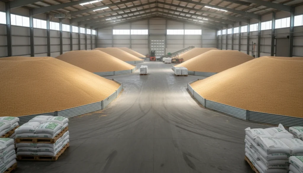 A high-fidelity photo of large-scale organic soybean storage in a modern New Zealand warehouse, natural lighting, commercial scale