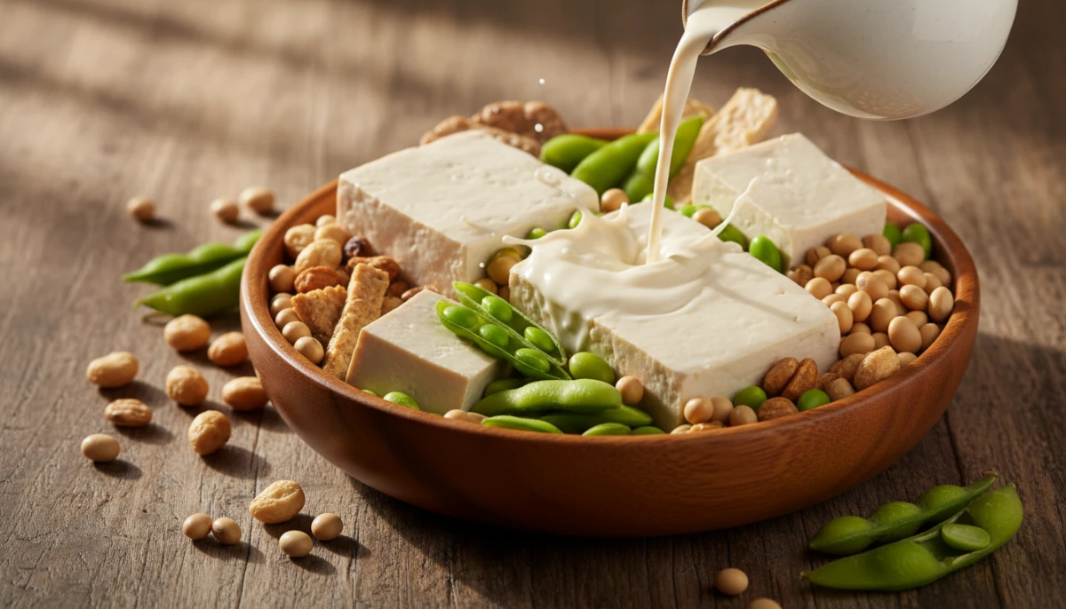 Various products made from organic soybeans