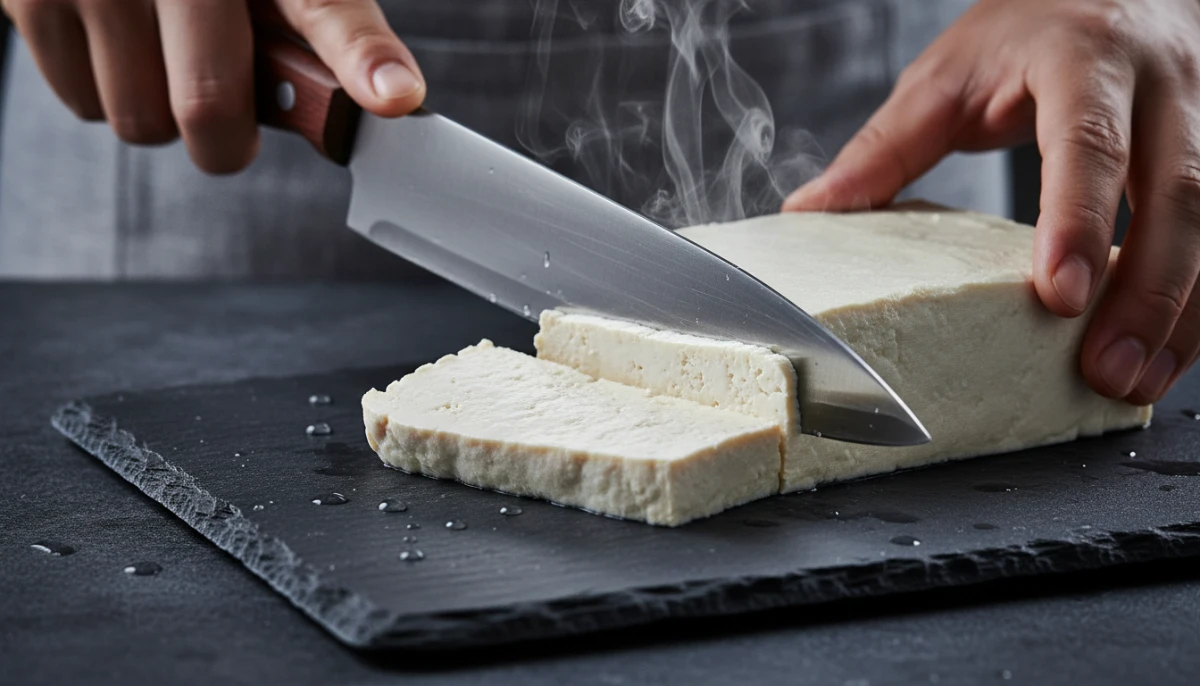 Artisanal tofu preparation in a professional kitchen