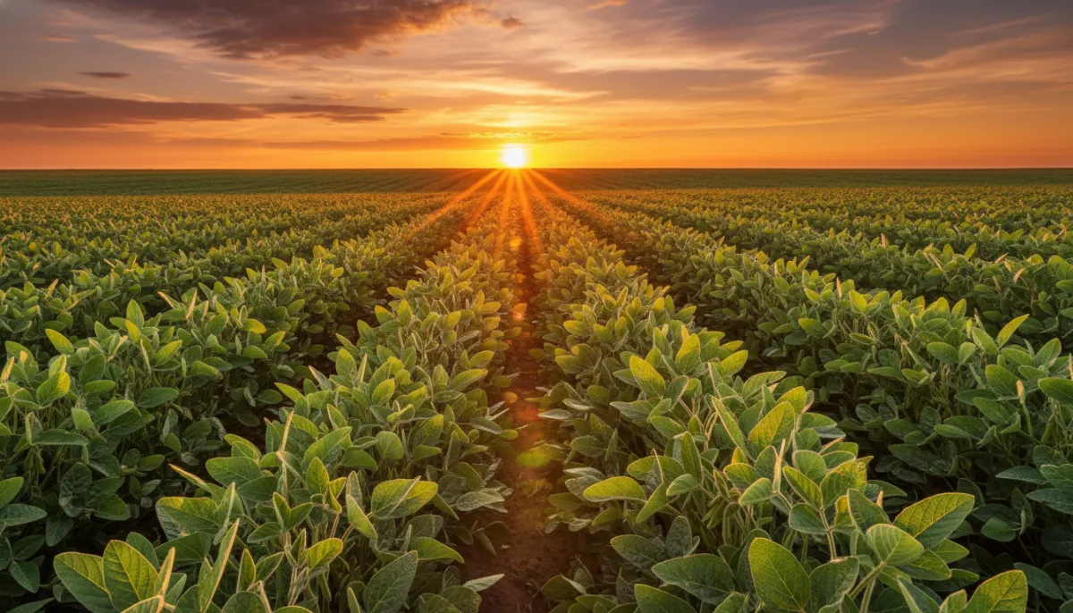 Sustainable soybean field at sunset