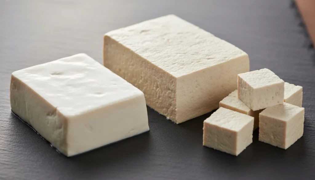[A high-fidelity photo showing various blocks of tofu—silken, firm, and extra firm—arranged on a minimalist slate background with soft overhead lighting]