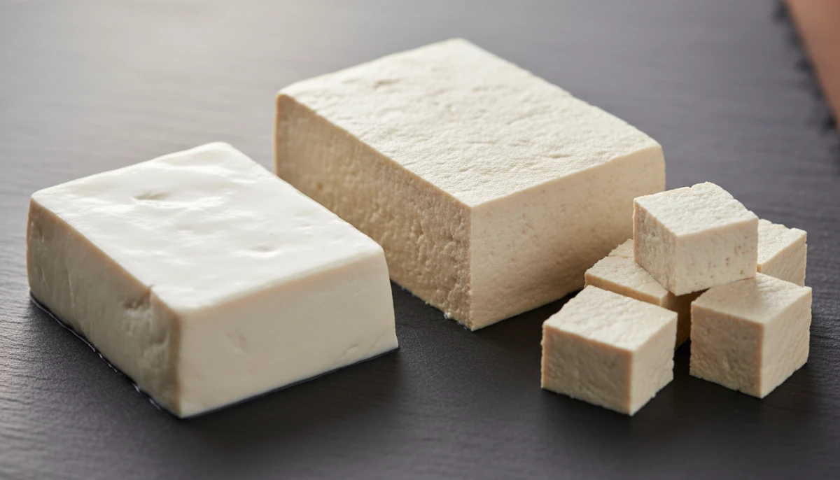 A variety of raw tofu blocks on a dark background