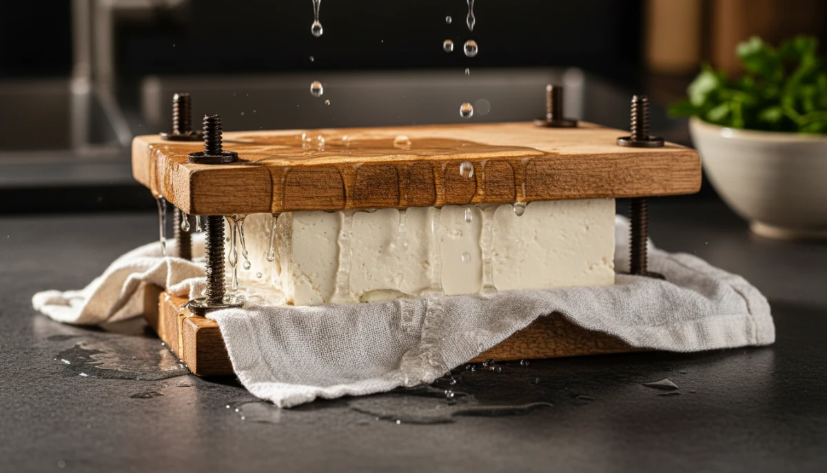 Pressing extra-firm tofu to remove excess moisture