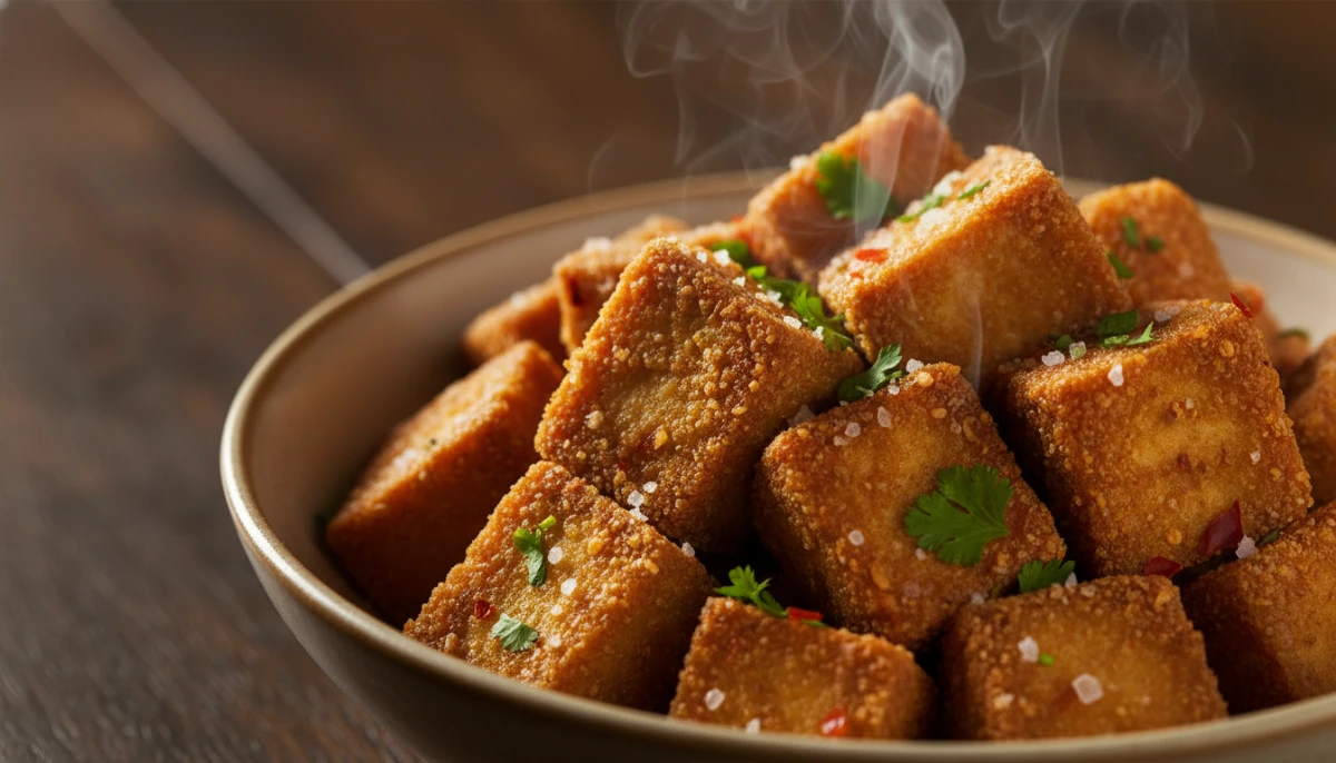 Golden brown crispy tofu cubes close up