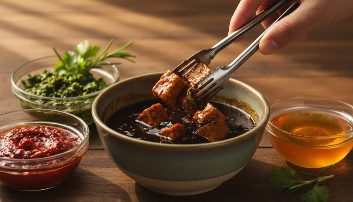 Artisanal marinade ingredients and tempeh preparation