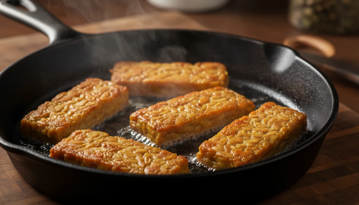 Tempeh searing in a cast iron skillet with golden edges