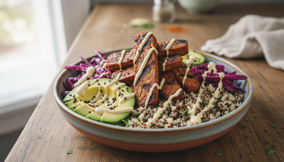 Plated tempeh Buddha bowl with vibrant vegetables