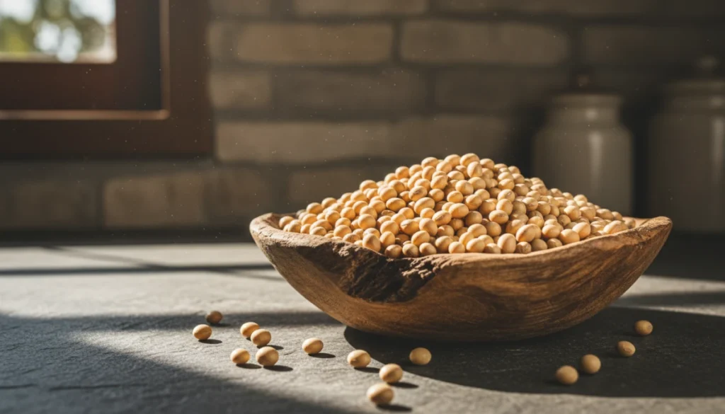 [A high-fidelity photo of organic dried soybeans in a rustic wooden bowl on a slate kitchen counter, natural sunlight hitting the grains]