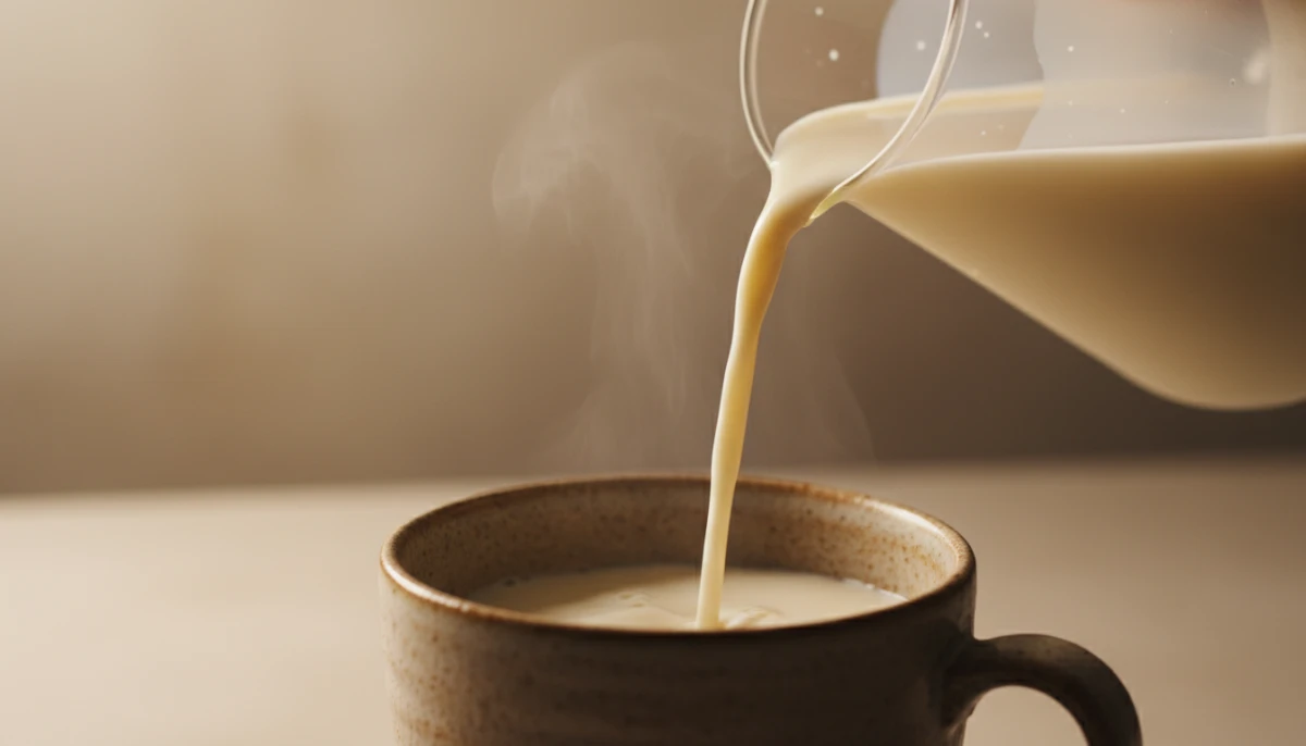Freshly strained homemade soy milk in a glass bottle