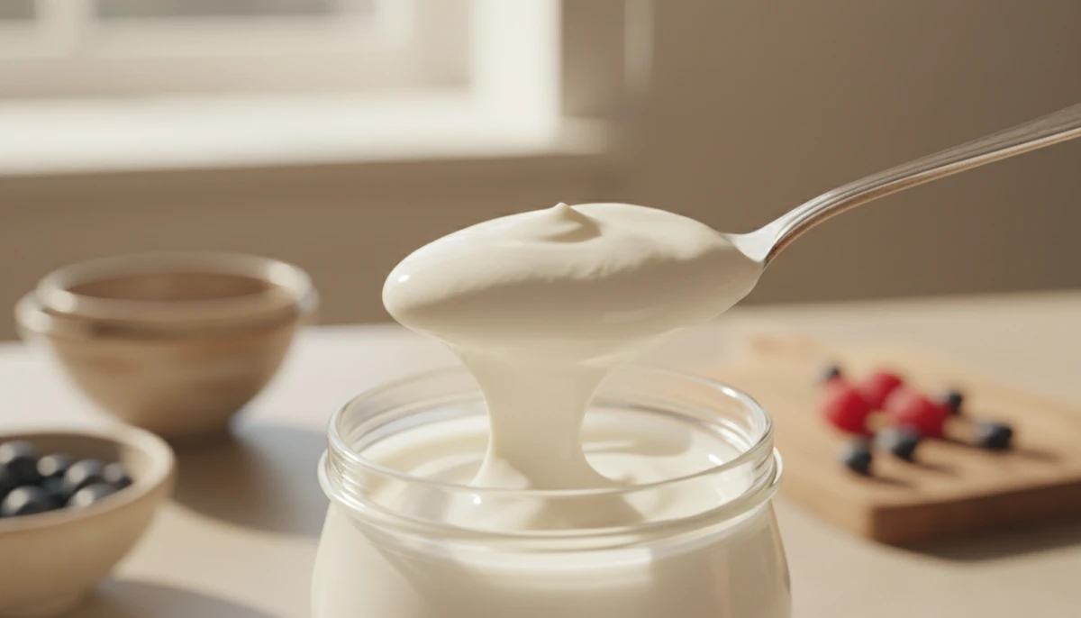 A spoon lifting thick homemade soy yogurt