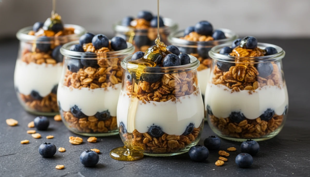Beautifully decorated jars of soy yogurt with fruit toppings