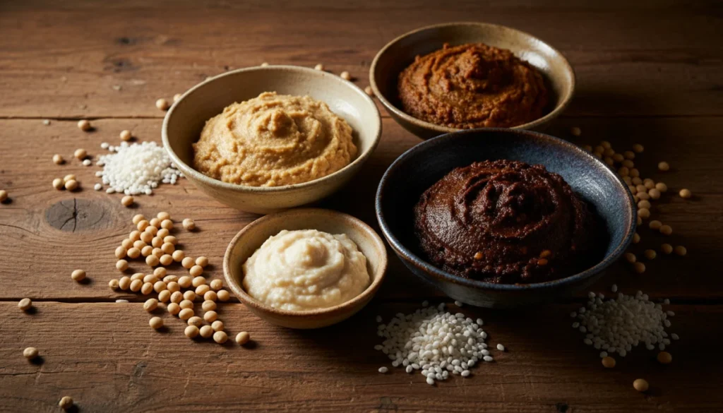 A high-fidelity overhead shot of various ceramic bowls containing different colors of miso paste ranging from pale white to deep chocolate brown, surrounded by dried soybeans and koji rice on a rustic wooden table.