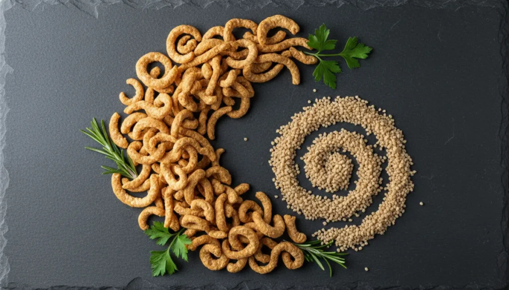 [A professional high-resolution overhead shot of dry soy curls and dry TVP granules arranged artistically on a slate background with fresh herbs]