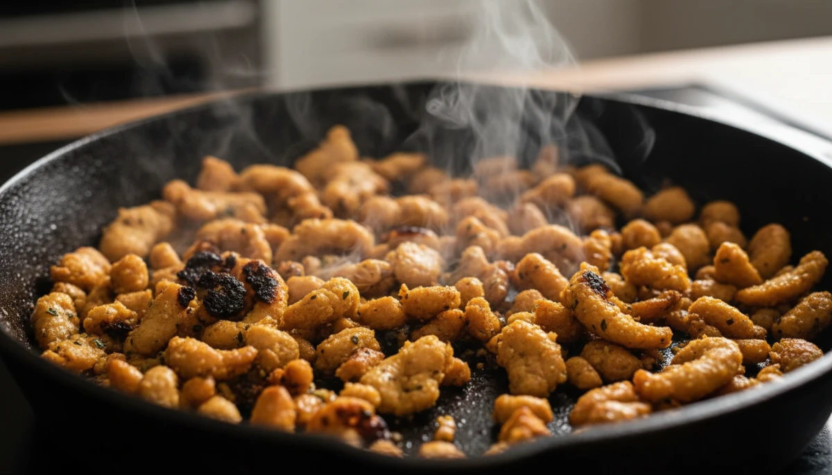 Sautéed soy curls in a cast iron skillet