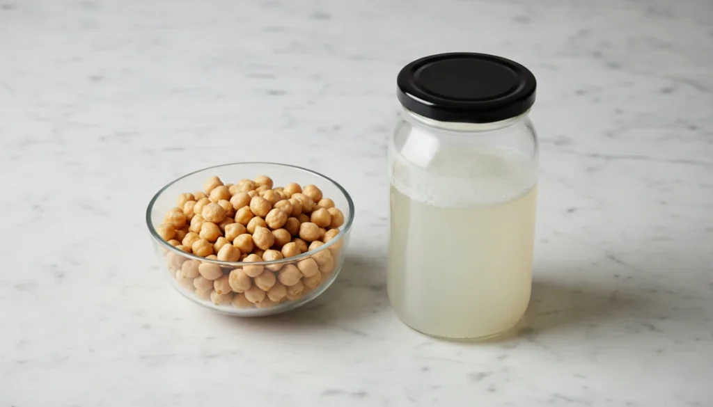 A minimalist, high-fidelity flat lay of a glass bowl filled with chickpeas and a jar of clear aquafaba liquid on a marble countertop with professional lighting.