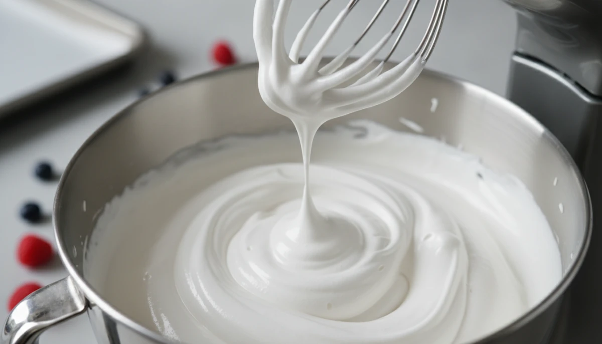 Glossy stiff peaks of vegan meringue in a stand mixer