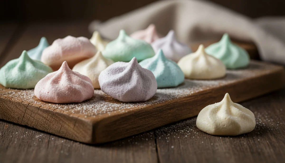 Finished vegan meringue kisses on a wooden serving board