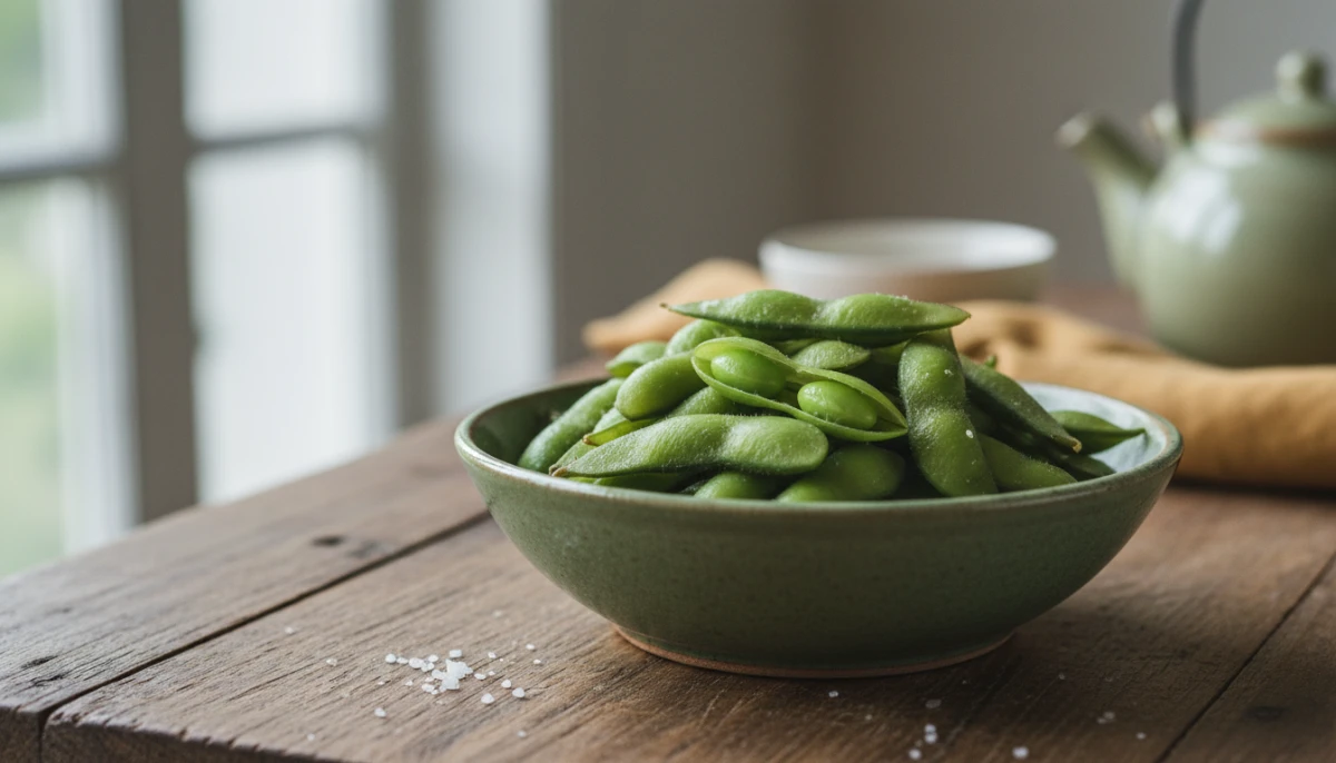 Close-up of fresh green edamame symbolizing soy health benefits