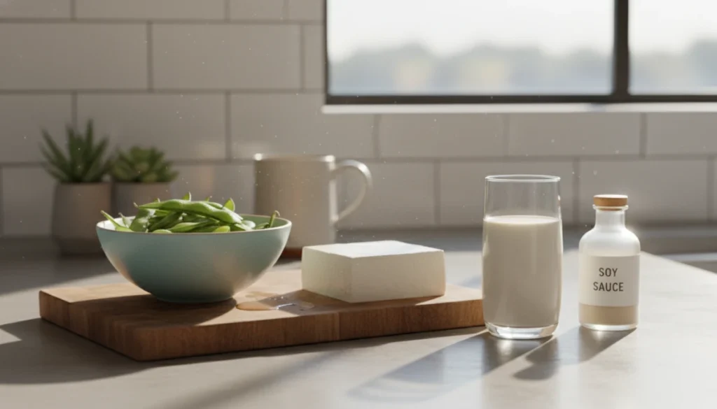 A high-fidelity photo of a modern, minimalist kitchen counter featuring various soy products like edamame in a ceramic bowl, firm tofu on a wooden board, and a glass of soy milk, soft natural morning light, cinematic depth of field.